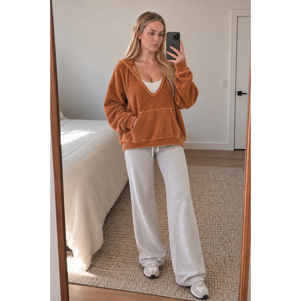 Z Supply Womens Corduroy Hoodie L Burnt Orange Ribbed Pullover Oversized Cozy‎